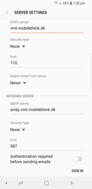 Turn off Authentication required before sending emails  and select SIGN IN
