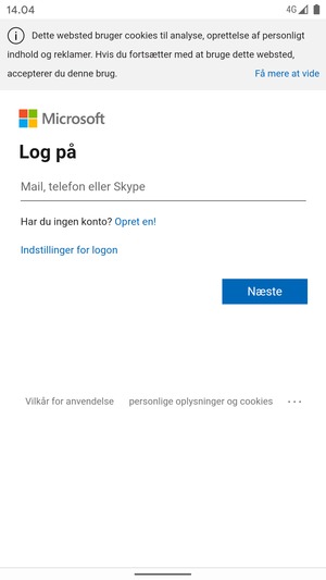 Indtast din e-mailadresse og vælg Næste