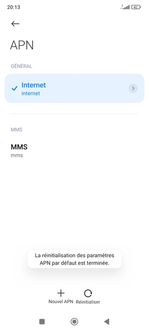 Votre téléphone va être réinitialisé avec les paramètres Internet et MMS par défaut