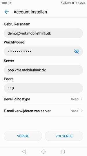 Voer Gebruikersnaam en binnenkomend serveradres in. Selecteer VOLGENDE