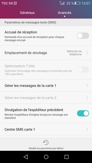 Sélectionnez Centre SMS carte 1 ou Centre SMS carte 2