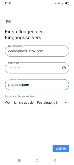 Geben Sie Benutzername und die Server-Adresse für eingehende Post ein. Wählen Sie WEITER