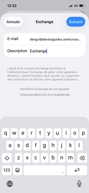 Saisissez vos informations de messagerie Exchange et sélectionnez Suivant