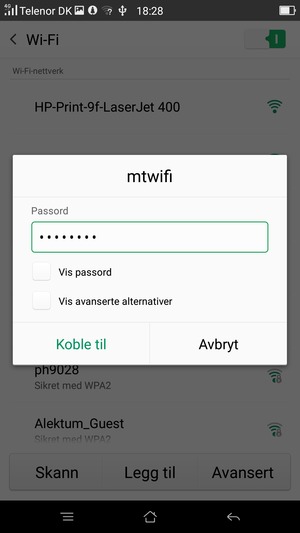 Skriv inn Wi-Fi-passord og velg Koble til