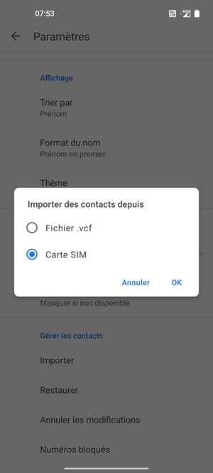 Sélectionnez Carte SIM puis OK
