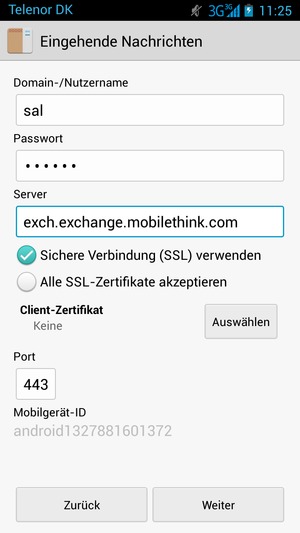 Geben Sie Nutzername und Exchange Server-Adresse ein. Wählen Sie Weiter