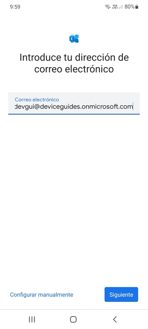 Introduzca su Dirección de correo electrónico y seleccione Configurar manualmente