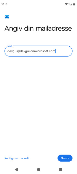 Indtast din e-mailadresse og vælg Konfigurer manuelt