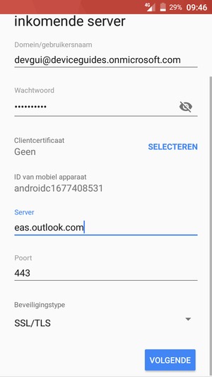 Voer gebruikersnaam en Exchange serveradres in. Selecteer VOLGENDE