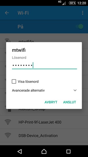 Ange lösenord till Wi-Fi och välj ANSLUT
