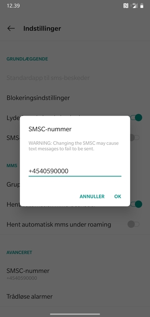 Indtast SMSC-nummer og vælg OK