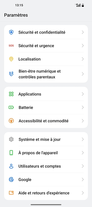Faites défiler et sélectionnez Sécurité et confidentialité