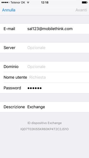 Inserisci informazioni email di Exchange e seleziona Avanti