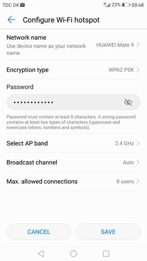 Enter a Wi-Fi hotspot password of at least 8 characters and select SAVE