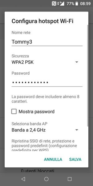 Inserisci una password dell'hotspot Wi-Fi di almeno 8 caratteri e seleziona SALVA