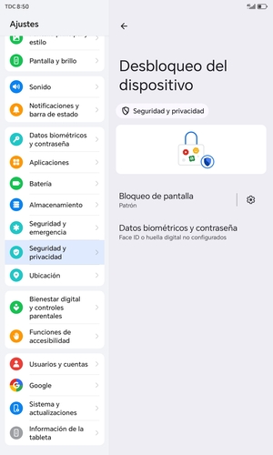 La tablet ha sido asegura con un bloqueo de pantalla