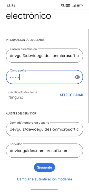 Introduzca Nombre de usuario y la dirección de servidor Exchange. Seleccione Siguiente