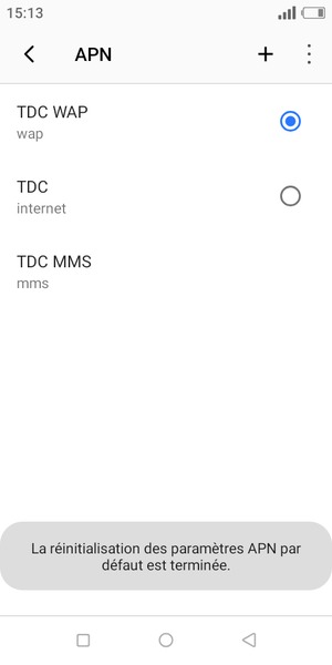 Votre téléphone va être réinitialisé avec les paramètres Internet et MMS par défaut