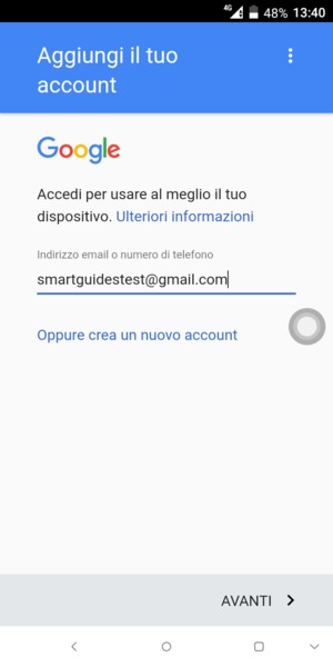 Inserisci il tuo indirizzo Gmail e seleziona AVANTI