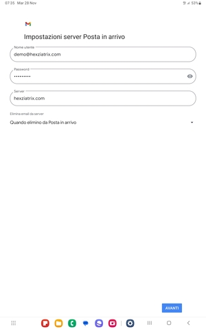 Inserisci Nome utente e l'indirizzo del server di posta in arrivo. Seleziona AVANTI
