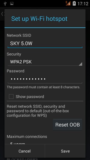 Enter a Wi-Fi hotspot password of at least 8 characters and select Save