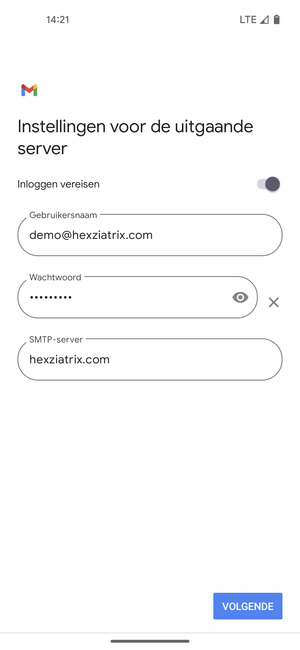 Voer Uitgaand serveradres in en selecteer VOLGENDE
