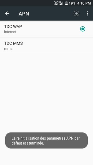 Votre téléphone va être réinitialisé avec les paramètres Internet et MMS par défaut