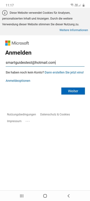 Geben Sie Ihre Hotmail Adresse ein und wählen Sie Weiter