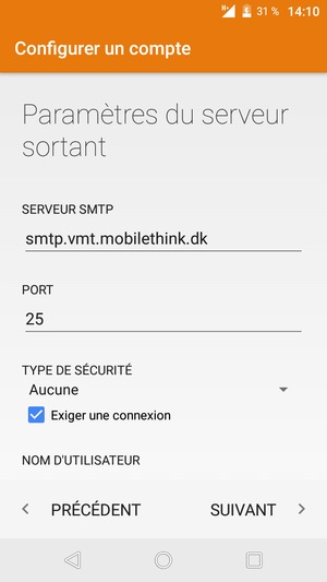 Saisissez l'adresse du serveur sortant