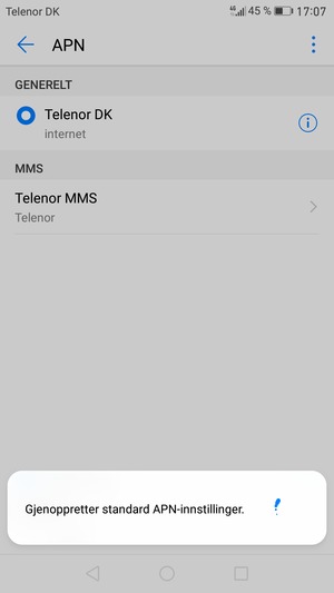 Telefonen din vil tilbakestilles til standard internett-og MMS-innstillinger