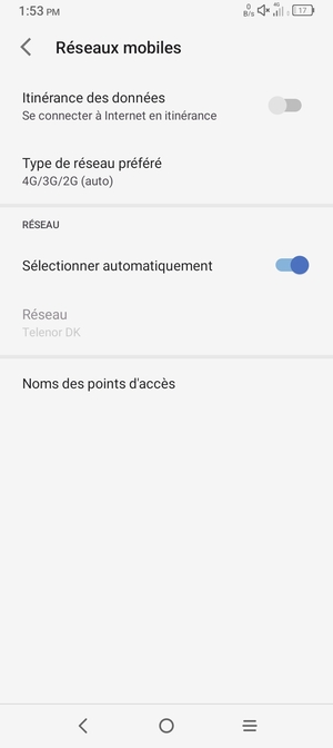 Pour changer de réseau en cas de problèmes de réseau, désactiver Sélectionner automatiquement