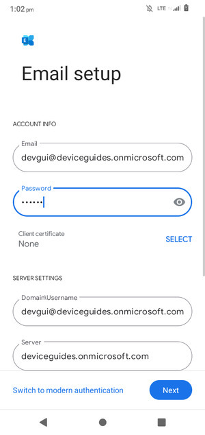 Enter Username and Exchange server address. Select Next