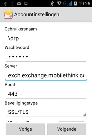 Voer Gebruikersnaam en Exchange serveradres in. Selecteer  Volgende