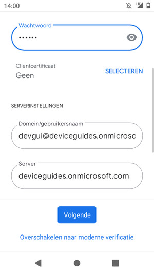 Voer Gebruikersnaam en Exchange serveradres in. Selecteer Volgende