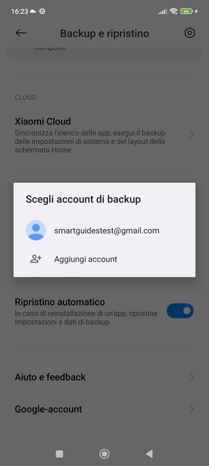 Seleziona il tuo account di backup