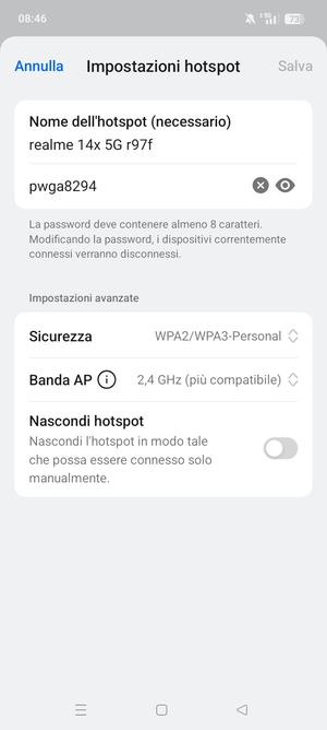 Inserisci una password dell'hotspot Wi-Fi di almeno 8 caratteri e seleziona Salva