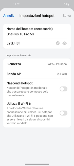 Inserisci una password dell'hotspot Wi-Fi di almeno 8 caratteri e seleziona Salva