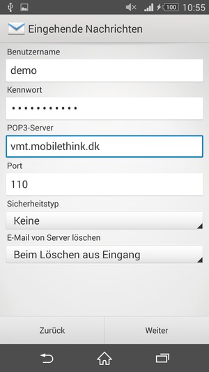 Geben Sie Benutzername und die Server-Adresse für eingehende Post ein. Wählen Sie Weiter