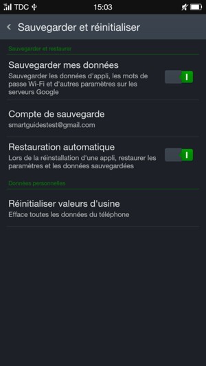 Activez l'Sauvegarder mes données et sélectionnez Compte de sauvegarde