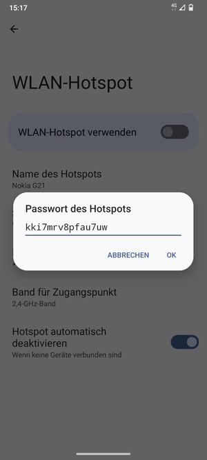 Geben Sie eine WLAN-Hotspot-Passwort mit mindestens 8 Zeichen ein und wählen Sie OK