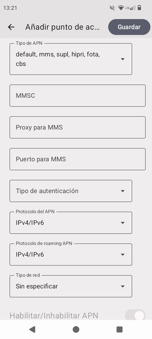 Desplácese y seleccione Tipo de APN