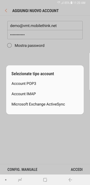 Seleziona Account POP3 o Account IMAP