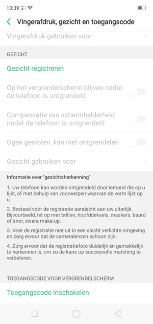 Scroll naar en selecteer Toegangscode inschakelen