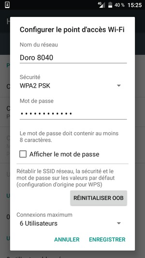 Saisissez un mot de passe de hotspot Wi-Fi d'au moins 8 caractères et sélectionnez ENREGISTRER