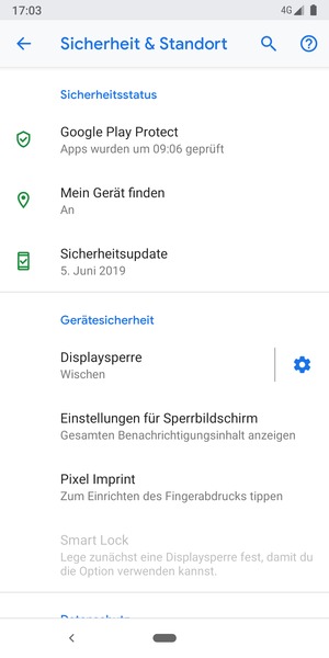 Um Ihre Bildschirmsperre zu aktivieren, gehen Sie zum Sicherheit & Standort Menü und wählen Sie  Displaysperre