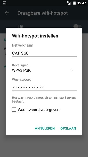 Voer een wachtwoord van een WiFi-hotspot in van ten minste 8 tekens en selecteer OPSLAAN