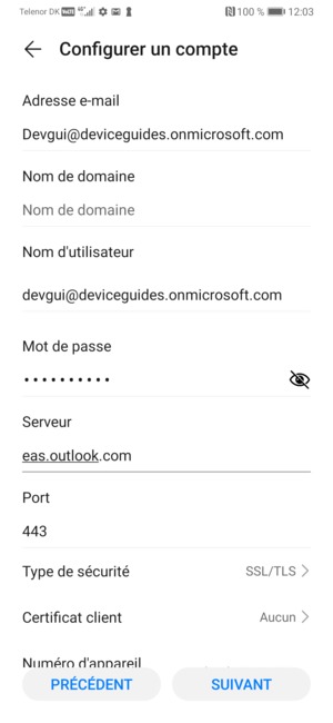 Saisissez l'adresse du serveur Exchange et sélectionnez SUIVANT