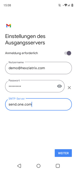 Geben Sie die Server-Adresse für ausgehende Post ein und wählen Sie WEITER