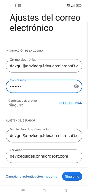 Introduzca Nombre de usuario y la dirección de servidor Exchange. Seleccione Siguiente