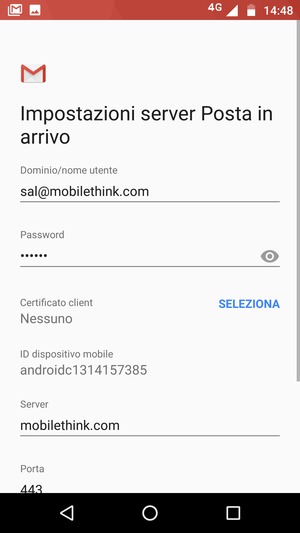Inserisci Nome utente e l'indirizzo del server Exchange